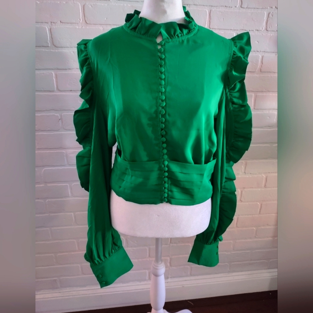 Women's Blouse with Ruffle/ Peek a Boo Sleeves and 3 Button Cuffs